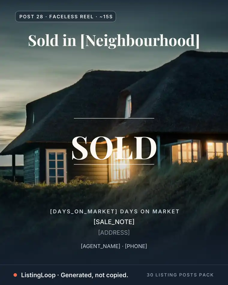 Just Sold Reel cover — post 28 from the 30 Listing Posts Pack